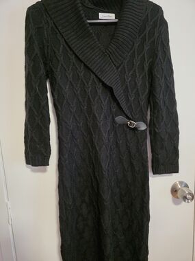 Calvin Klein Black Cable-Knit Wrap Dress with Buckle